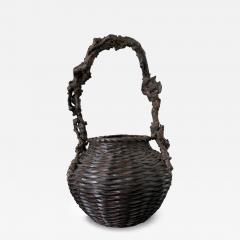 Large Antique Japanese Smoke Bamboo Basket Wisteria Root Handle Meiji Period - 4640498