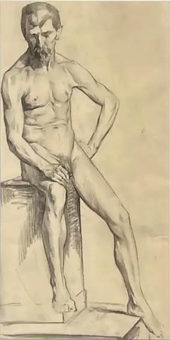 Large Antique Male Nude Art Study Drawing From Paris Framed in Italy - 3612290