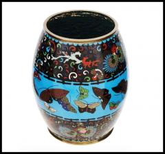 Large Antique Meiji Japanese Cloisonne Enamel Barrel Vase with Butterflies - 3902891