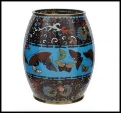 Large Antique Meiji Japanese Cloisonne Enamel Barrel Vase with Butterflies - 3902892