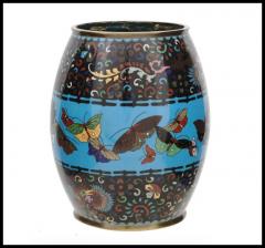 Large Antique Meiji Japanese Cloisonne Enamel Barrel Vase with Butterflies - 3902893