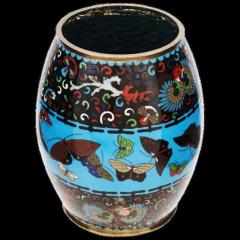 Large Antique Meiji Japanese Cloisonne Enamel Barrel Vase with Butterflies - 3902894