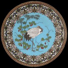 Large Antique Meiji Japanese Cloisonne Enamel Charger with Mr Crane - 3901766