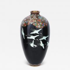 Large Antique Meiji Japanese Cloisonne Enamel Flying Cranes Vase - 3934375