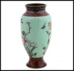 Large Antique Meiji Japanese Cloisonne Enamel Green Vase Flowers and Birds - 3901957