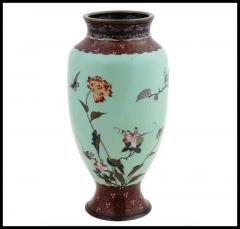 Large Antique Meiji Japanese Cloisonne Enamel Green Vase Flowers and Birds - 3901958