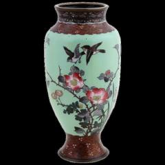 Large Antique Meiji Japanese Cloisonne Enamel Green Vase Flowers and Birds - 3901964