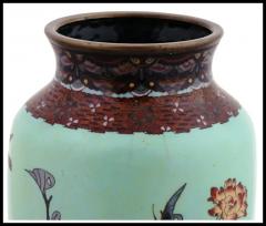 Large Antique Meiji Japanese Cloisonne Enamel Green Vase Flowers and Birds - 3901985