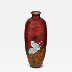 Large Antique Meiji Japanese Cloisonne Enamel Red Crane Vase - 3931340