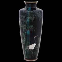 Large Antique Meiji Japanese Cloisonne Enamel Vase Crane in Bamboo Field - 3902385