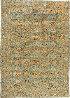 Large Authentic Kirman Botanic Blue Brown Handmade Wool Rug - 2447634