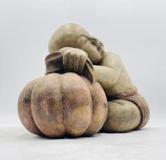 Large Carved Wood Sculpture of a Sleeping Child with Pumpkin Southeast Asia - 4220240