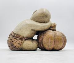 Large Carved Wood Sculpture of a Sleeping Child with Pumpkin Southeast Asia - 4220241