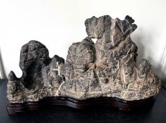 Large Chinese Horizontal Gray Lingbi Scholar Stone with Grotto on Display Stand - 4210955