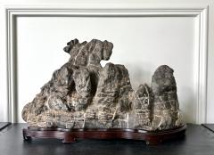 Large Chinese Horizontal Gray Lingbi Scholar Stone with Grotto on Display Stand - 4210956