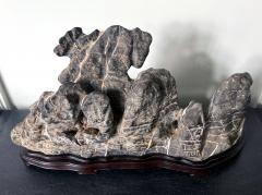 Large Chinese Horizontal Gray Lingbi Scholar Stone with Grotto on Display Stand - 4210957
