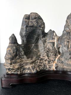 Large Chinese Horizontal Gray Lingbi Scholar Stone with Grotto on Display Stand - 4210958