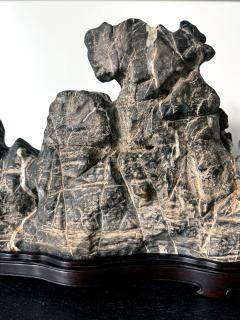 Large Chinese Horizontal Gray Lingbi Scholar Stone with Grotto on Display Stand - 4210960