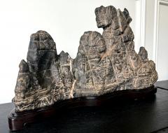 Large Chinese Horizontal Gray Lingbi Scholar Stone with Grotto on Display Stand - 4210961
