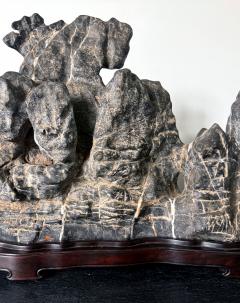 Large Chinese Horizontal Gray Lingbi Scholar Stone with Grotto on Display Stand - 4210962