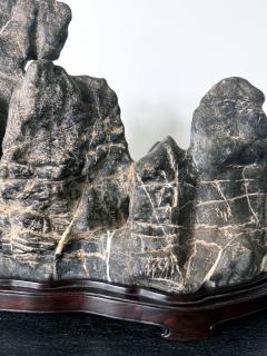 Large Chinese Horizontal Gray Lingbi Scholar Stone with Grotto on Display Stand - 4210964