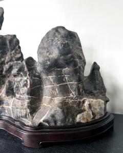 Large Chinese Horizontal Gray Lingbi Scholar Stone with Grotto on Display Stand - 4210965