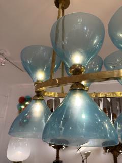 Large Contemporary Brass Chandelier Blue Murano Glass Cup Italy - 3342098