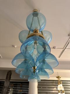 Large Contemporary Brass Chandelier Blue Murano Glass Cup Italy - 3342103