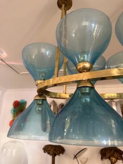 Large Contemporary Brass Chandelier Blue Murano Glass Cup Italy - 3342104