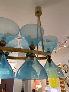 Large Contemporary Brass Chandelier Blue Murano Glass Cup Italy - 3342105