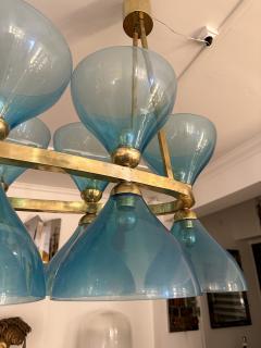 Large Contemporary Brass Chandelier Blue Murano Glass Cup Italy - 3342107