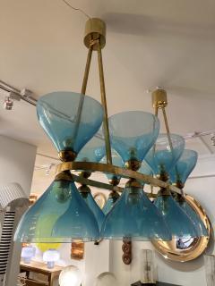 Large Contemporary Brass Chandelier Blue Murano Glass Cup Italy - 3342108