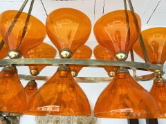 Large Contemporary Brass Chandelier Orange Murano Glass Cup Italy - 2476526