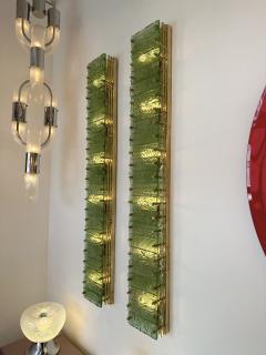 Large Contemporary Pair of Brass Green Gold Leaf Murano Glass Sconces Italy - 3047381