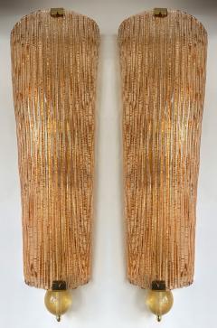 Large Contemporary Pair of Brass Salmon Gold Leaf Murano Glass Sconces Italy - 4325115