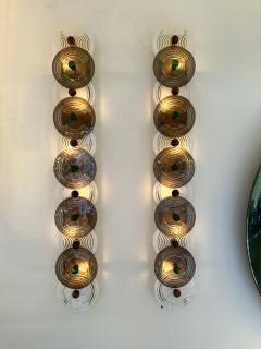 Large Contemporary Pair of Brass and Circle Disc Murano Glass Sconces Italy - 3842639