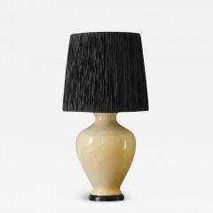 Large Crackle Ceramic Table Lamp With Wooden Base And Raffia Lampshade - 3709946