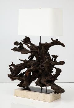 Large Driftwood Lamp on Custom Travertine Base  - 2979409