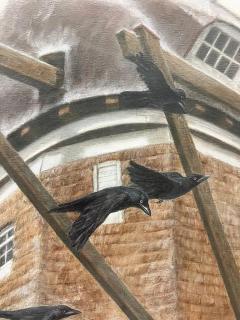 Large Dutch Windmill Oil Painting with Crows Signed Valentin 1987 - 3590135