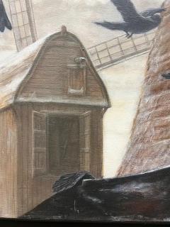 Large Dutch Windmill Oil Painting with Crows Signed Valentin 1987 - 3590167