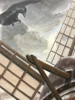 Large Dutch Windmill Oil Painting with Crows Signed Valentin 1987 - 3590169