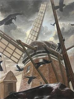 Large Dutch Windmill Oil Painting with Crows Signed Valentin 1987 - 3590879