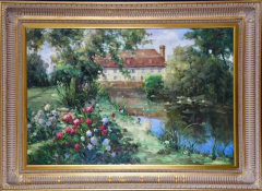 Large Framed Oil Painting of an Idyllic Scene of a Home and Garden on a Stream - 2916100