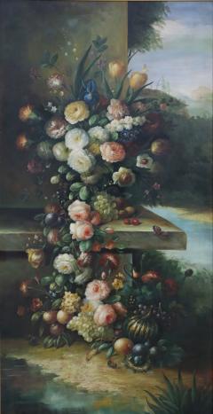 Large Framed Still Life Oil Painting of an Urn of Flowers on a Garden Bench - 4636190