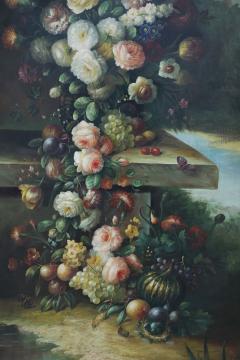 Large Framed Still Life Oil Painting of an Urn of Flowers on a Garden Bench - 4636192
