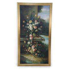 Large Framed Still Life Oil Painting of an Urn of Flowers on a Garden Bench - 4636195