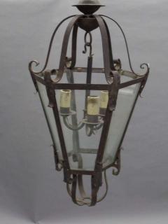 Large French Mid Century Wrought Iron Lantern Pendant Chandelier 1940 - 1787517