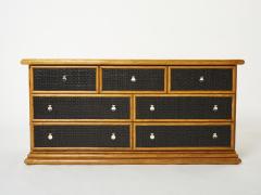 Large French bamboo rattan and brass chest of drawers 1960s - 2573711