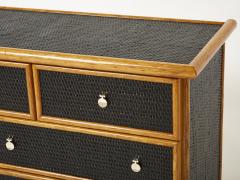Large French bamboo rattan and brass chest of drawers 1960s - 2573712