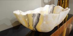 Large Hand Carved Onyx Bowl or Centerpiece in White Gold Gray Taupe - 975485